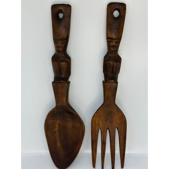 VTG Hand-Carved Wooden Spoon Fork Set With Tribal Face Design Rustic Wall Decor - Picture 1 of 6